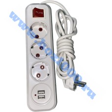 Удлинитель с заземлением и с кнопкой+USB (10/16A 250V -2P+) 3гн.х2м. №608